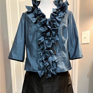 Watters & Watters blue and black ensemble. Size 22. Ruffled neck/front, A-line.